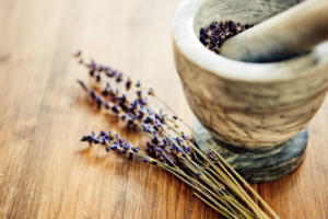 Lavender in mortar and pestle